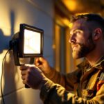 A photograph of a lighting contractor expertly installing a 50-watt led floodlight in an outdoor setting