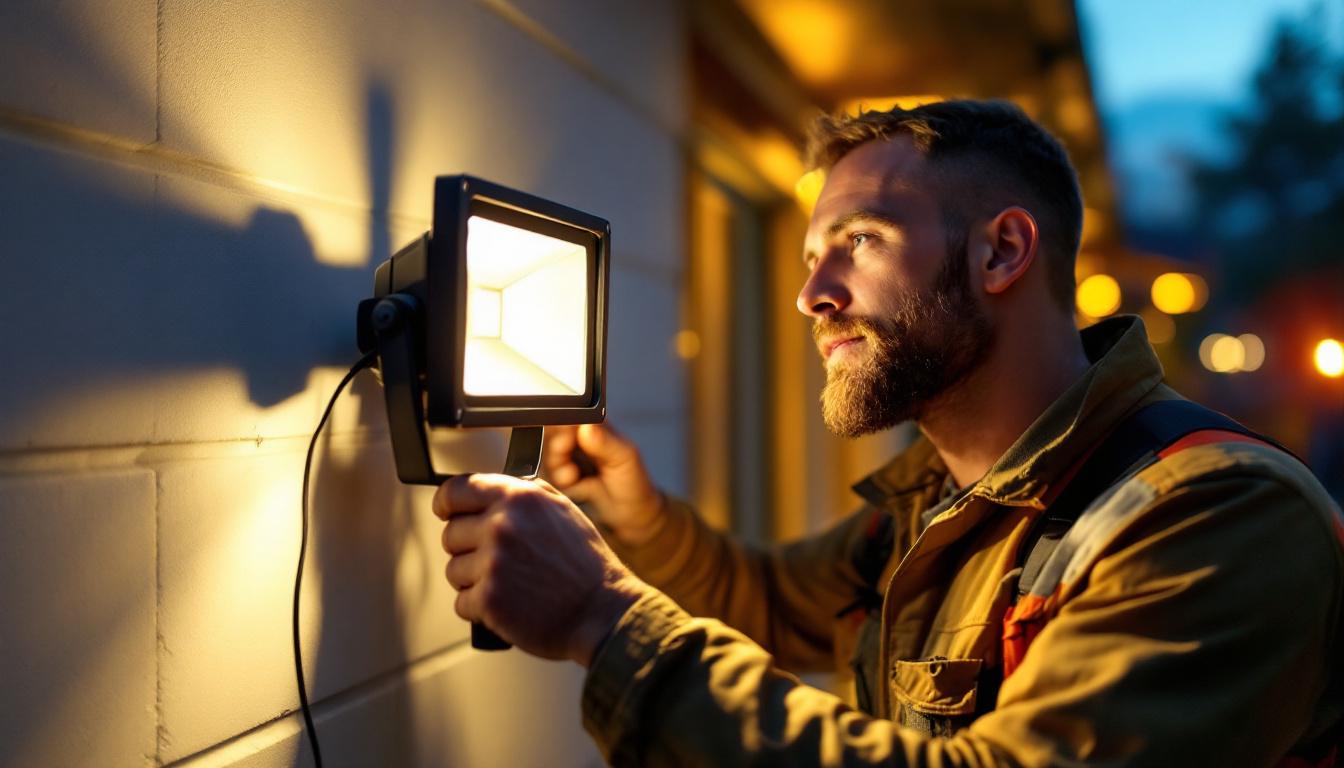 A photograph of a lighting contractor expertly installing a 50-watt led floodlight in an outdoor setting