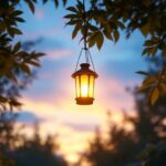 A photograph of a beautifully illuminated outdoor hanging solar lantern suspended among lush greenery at dusk