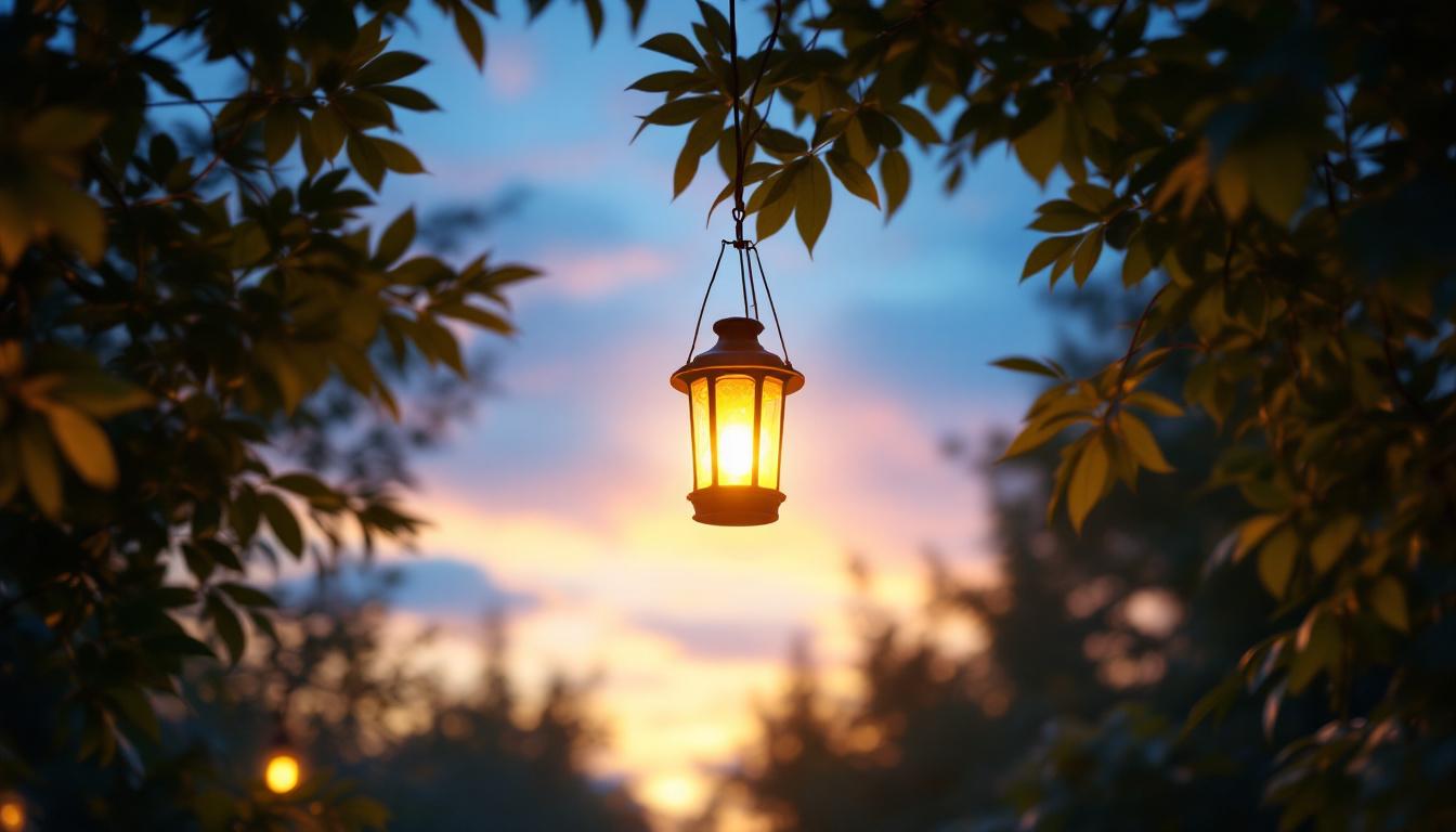 A photograph of a beautifully illuminated outdoor hanging solar lantern suspended among lush greenery at dusk
