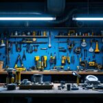 A photograph of a well-lit workshop or garage scene showcasing magnetic shop lights in use