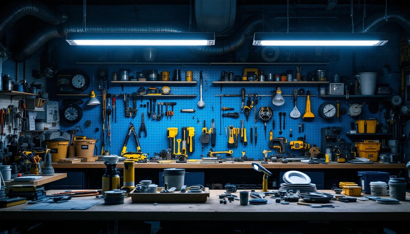 A photograph of a well-lit workshop or garage scene showcasing magnetic shop lights in use