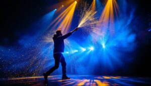 A photograph of a lighting contractor skillfully demonstrating innovative lighting techniques at a vibrant dance event