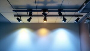 A photograph of a well-lit room featuring low voltage ceiling spotlights in action