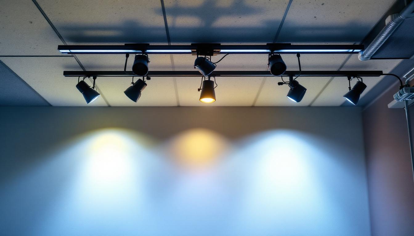 A photograph of a well-lit room featuring low voltage ceiling spotlights in action