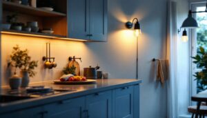 A photograph of a well-designed kitchen featuring stylish wall mount light fixtures that highlight the space's ambiance