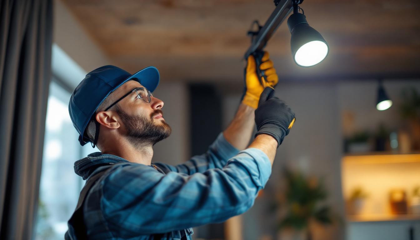 A photograph of a skilled lighting contractor expertly installing a track light kit in a modern interior space