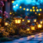 A photograph of a beautifully illuminated outdoor space featuring a variety of cute solar lights in different designs