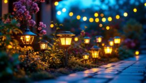 A photograph of a beautifully illuminated outdoor space featuring a variety of cute solar lights in different designs