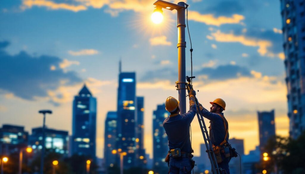 A photograph of a lighting contractor installing a sleek