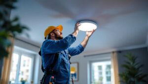 A photograph of a skilled lighting contractor installing a recessed can light in a modern home setting
