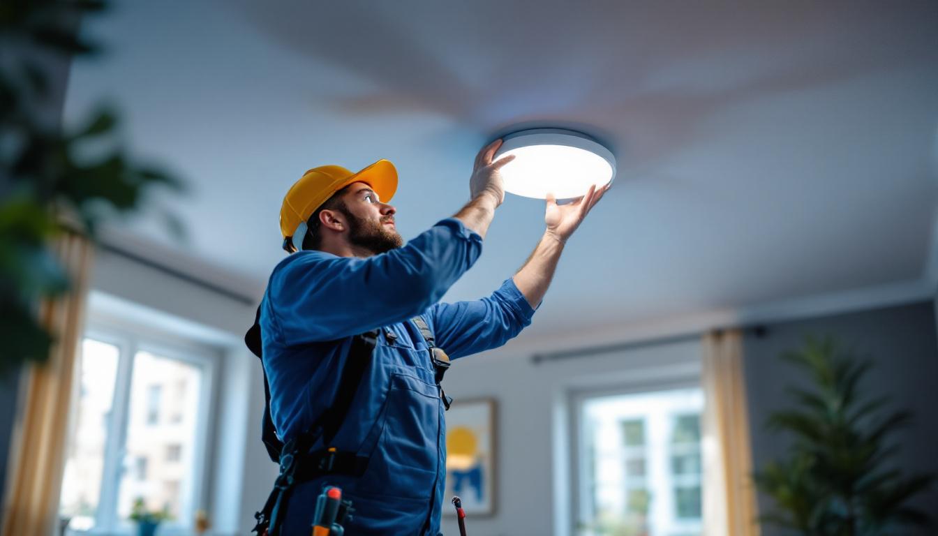 A photograph of a skilled lighting contractor installing a recessed can light in a modern home setting