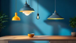 A photograph of a stylishly designed room featuring various designer pendant lights in action