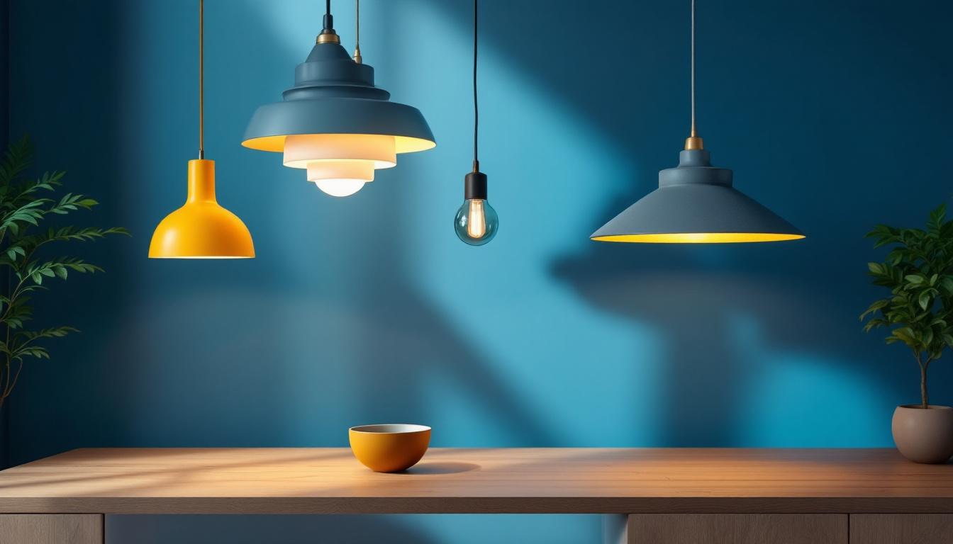 A photograph of a stylishly designed room featuring various designer pendant lights in action