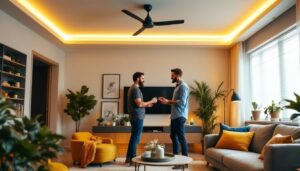 A photograph of a stylish living room featuring a modern ceiling fan
