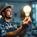 A photograph of a smart lighting contractor installing a 13-watt led bulb in a modern
