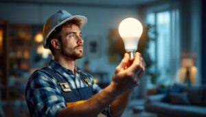 A photograph of a smart lighting contractor installing a 13-watt led bulb in a modern