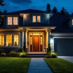 A photograph of a well-lit exterior of a home showcasing various types of security lighting