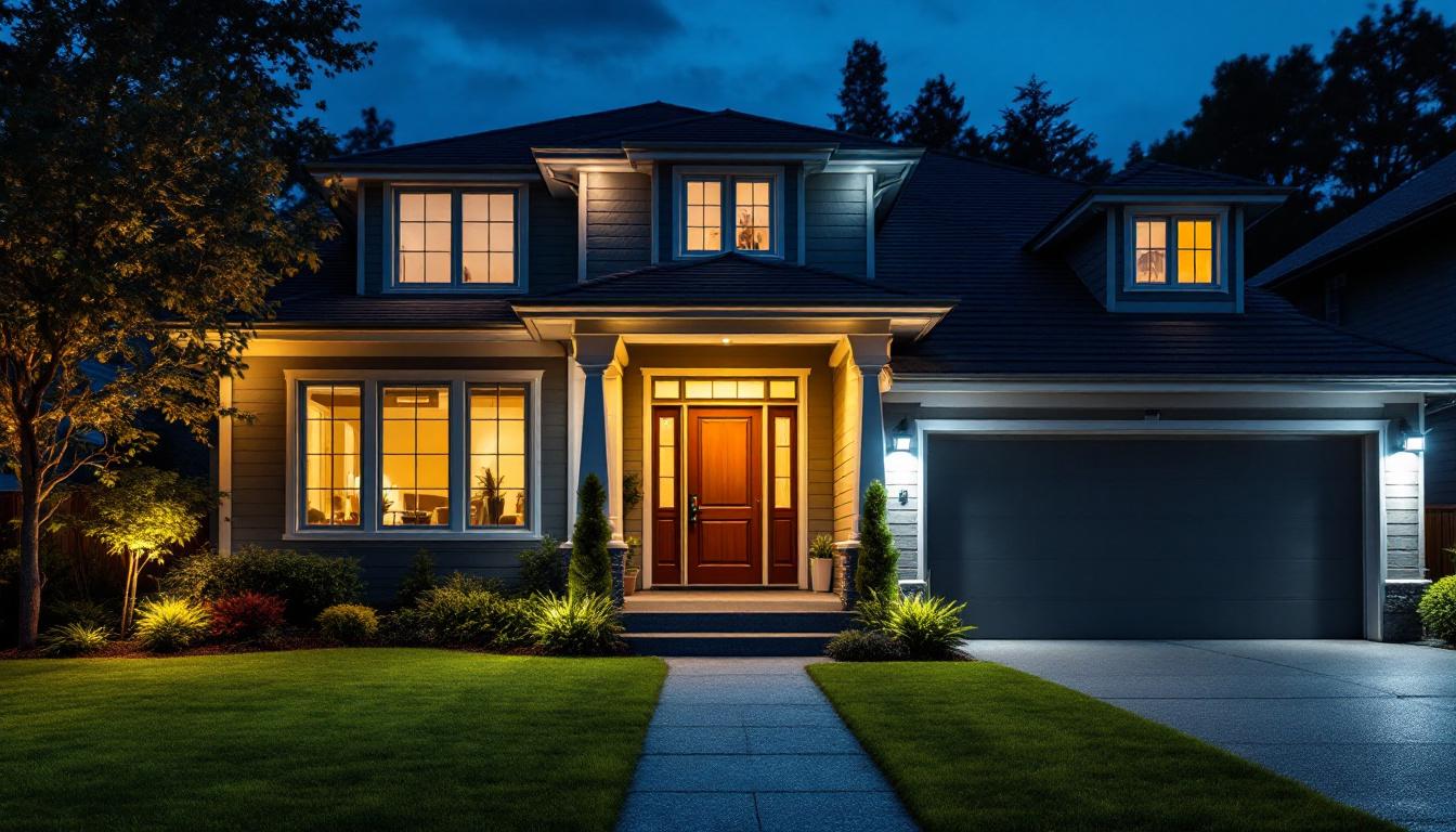A photograph of a well-lit exterior of a home showcasing various types of security lighting