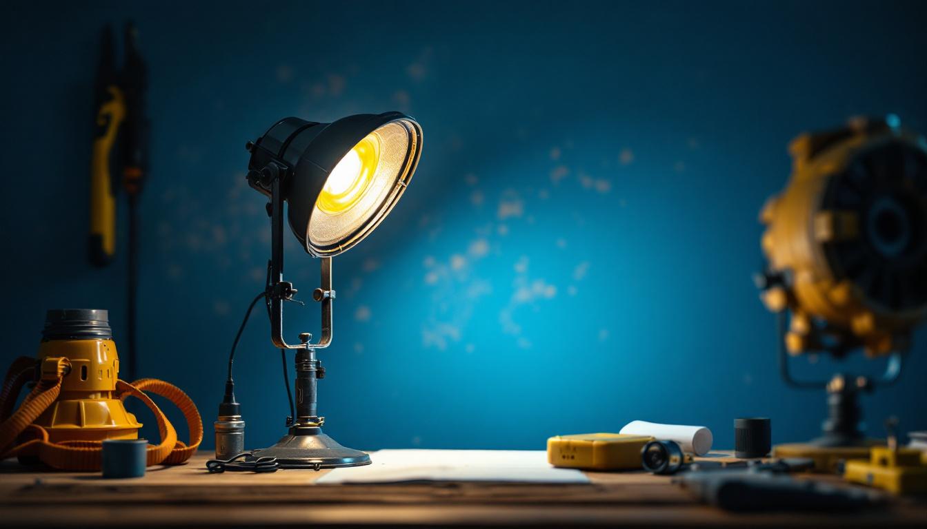 A photograph of a vintage lamp alongside modern lighting tools and equipment