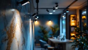 A photograph of a well-designed 12v track lighting installation in a stylish interior setting