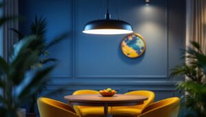 A photograph of a beautifully designed big round pendant light hanging in a stylish interior setting