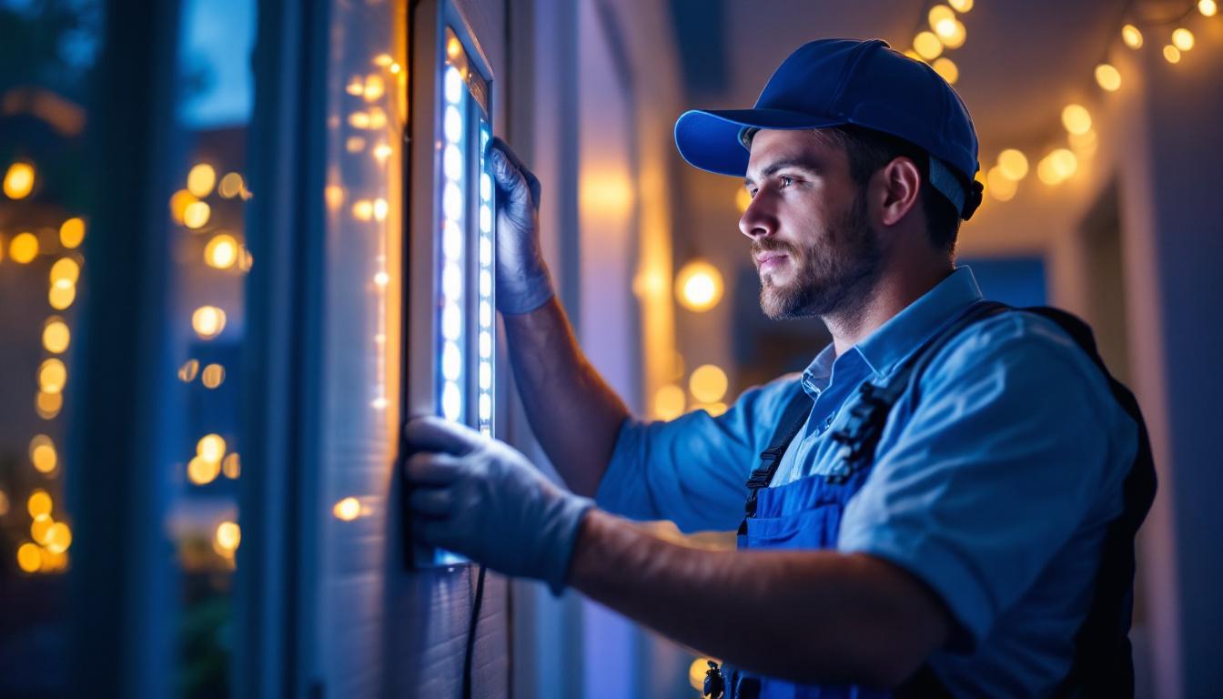 A photograph of a lighting contractor installing or showcasing vibrant max led lights in a residential or commercial setting