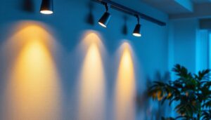 A photograph of a beautifully designed interior space featuring track lights installed on the wall