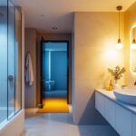 A photograph of a beautifully lit modern bathroom showcasing various smart lighting options