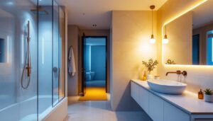A photograph of a beautifully lit modern bathroom showcasing various smart lighting options