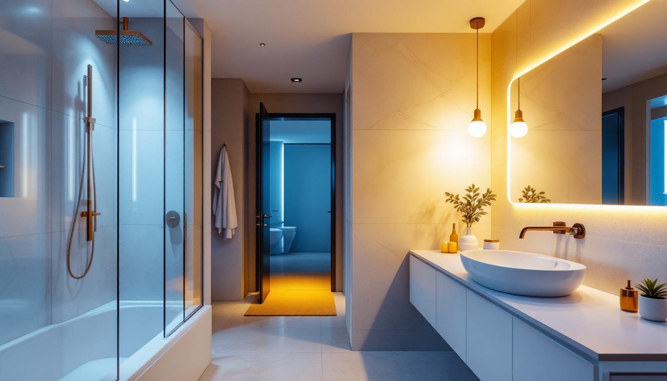 A photograph of a beautifully lit modern bathroom showcasing various smart lighting options