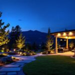 A photograph of a beautifully illuminated backyard scene at dusk