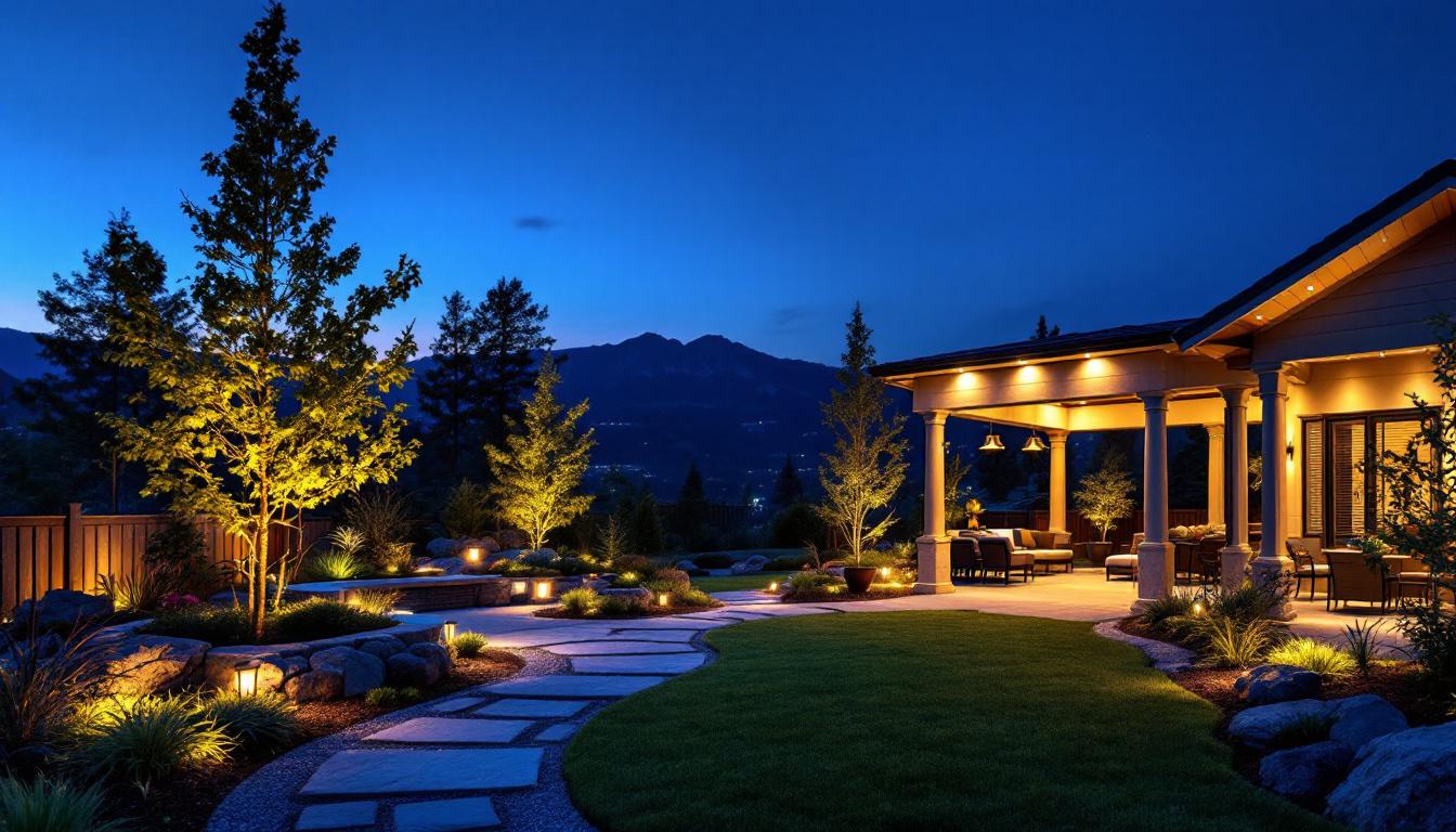 A photograph of a beautifully illuminated backyard scene at dusk