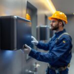 A photograph of a sleek thinair hand dryer installed in a modern commercial restroom