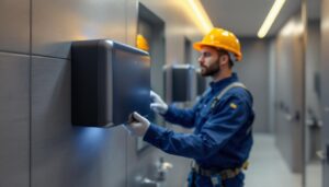 A photograph of a sleek thinair hand dryer installed in a modern commercial restroom