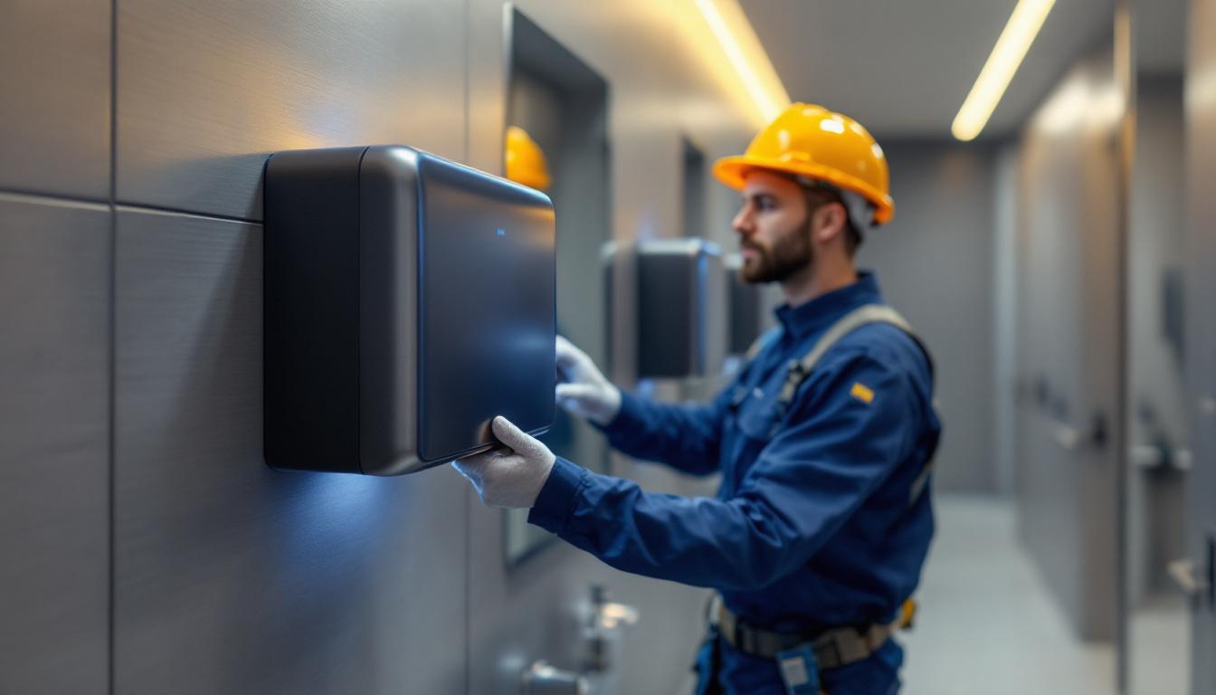 A photograph of a sleek thinair hand dryer installed in a modern commercial restroom