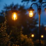 A photograph of a beautifully illuminated outdoor lamp post at dusk