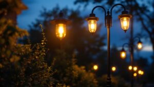 A photograph of a beautifully illuminated outdoor lamp post at dusk