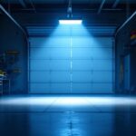 A photograph of a well-lit garage space featuring a solar-powered garage light in action