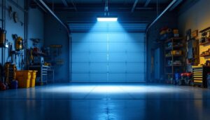 A photograph of a well-lit garage space featuring a solar-powered garage light in action