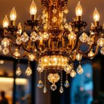 A photograph of a stylish chandelier elegantly illuminated in a modern interior setting