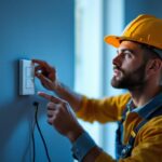 A photograph of a lighting contractor installing a digital light switch timer in a modern home setting