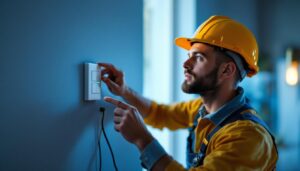 A photograph of a lighting contractor installing a digital light switch timer in a modern home setting