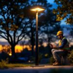 A photograph of a well-designed solar lamp stand in an outdoor setting