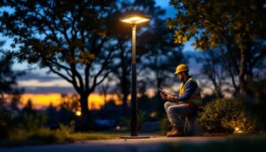 A photograph of a well-designed solar lamp stand in an outdoor setting