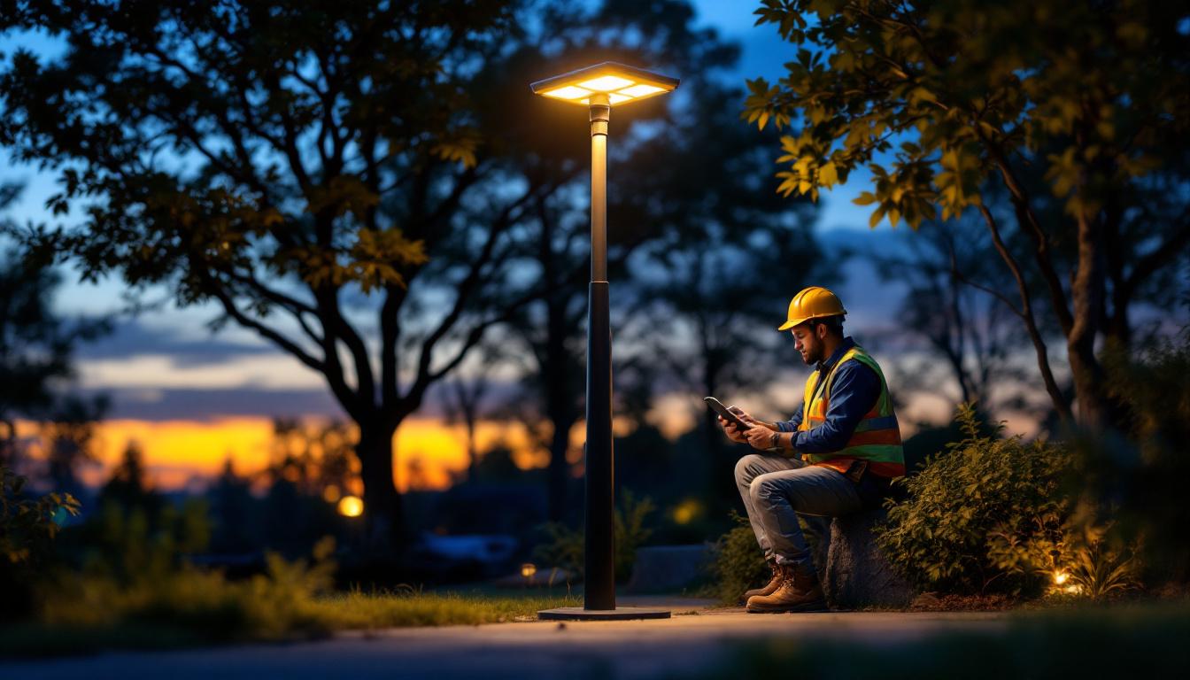 A photograph of a well-designed solar lamp stand in an outdoor setting