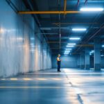 A photograph of a well-lit parking garage showcasing modern led lighting fixtures