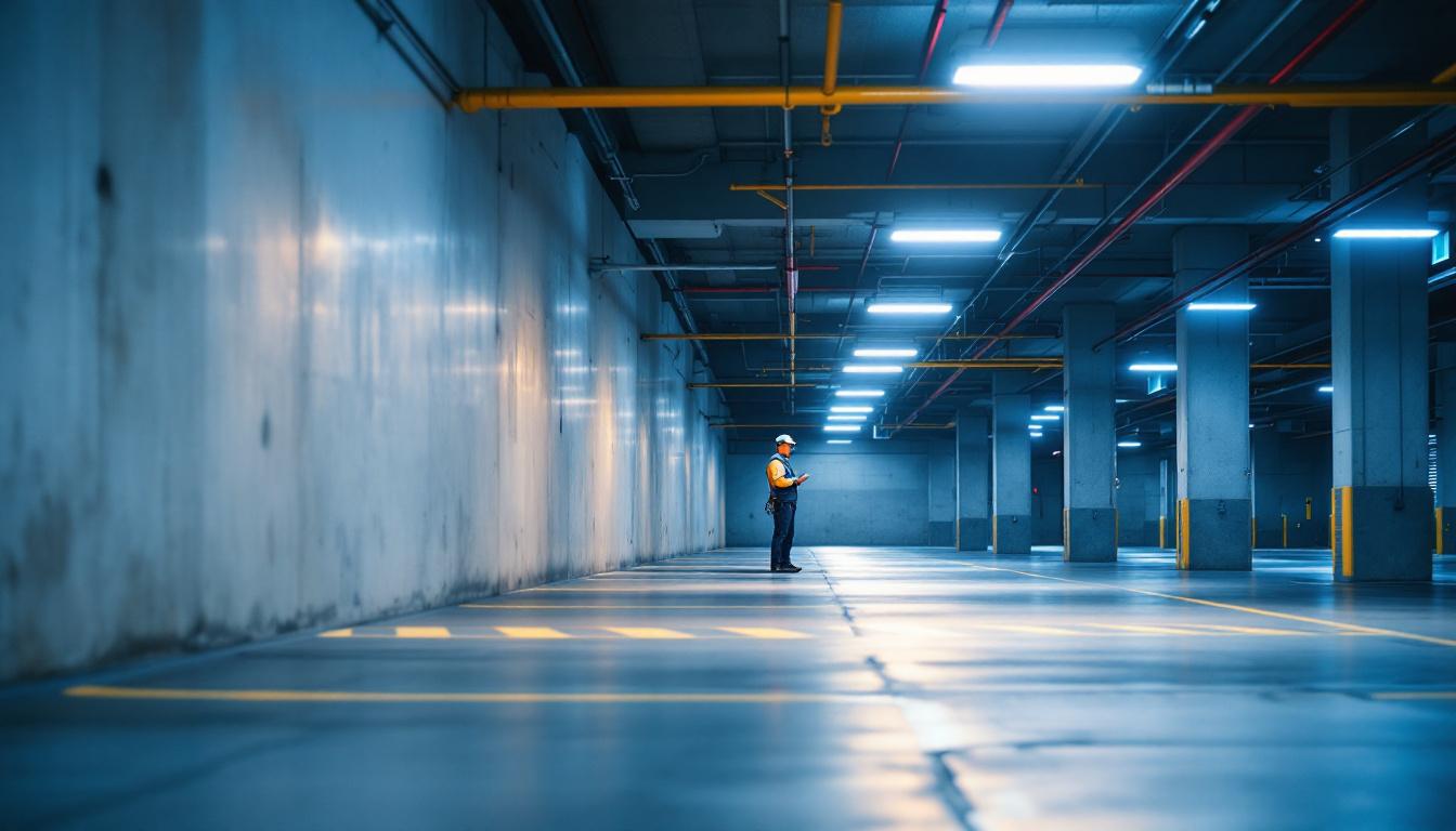 A photograph of a well-lit parking garage showcasing modern led lighting fixtures
