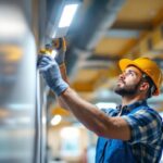A photograph of a lighting contractor installing a high-quality emergency light in a commercial setting