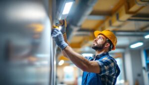 A photograph of a lighting contractor installing a high-quality emergency light in a commercial setting